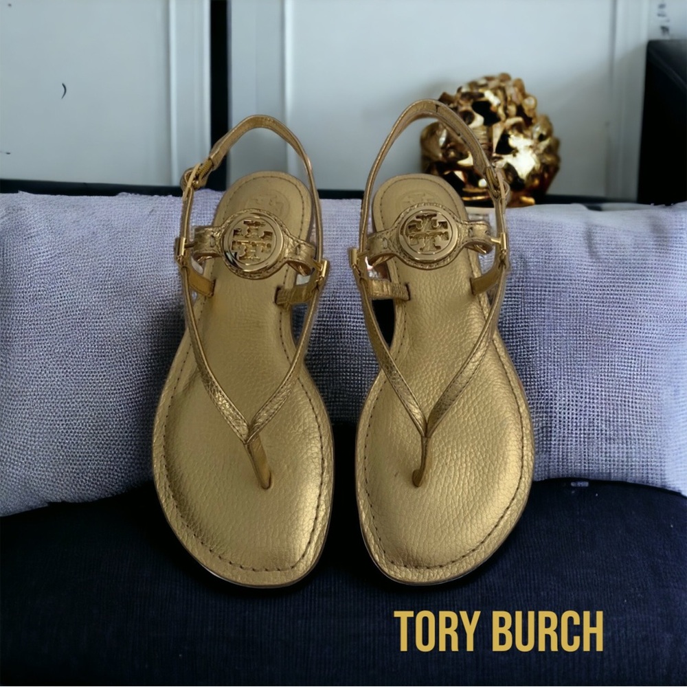 TORY BURCH GOLD NEW THONG FLAT SHOES LEATHER 8.5 - Picture 2 of 11